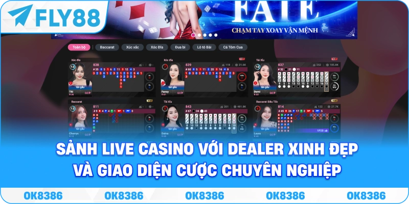 Hình ảnh sảnh Live Casino với Dealer xinh đẹp và giao diện cược chuyên nghiệp